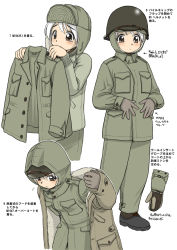 Rule 34 | 1girl, brown eyes, brown gloves, closed mouth, coat, dressing, ebifly, flying sweatdrops, gloves, helmet, how to, m1 helmet, military, combat helmet, military uniform, mittens, multiple views, numbered, original, short hair, simple background, standing, translation request, uniform, white background, white hair, winter clothes, winter coat