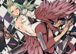 Rule 34 | 1girl, armor, blush, breasts, checkered floor, cleavage, fairy queen (unlight), green eyes, green hair, harpy, kurowa, lying, matching hair/eyes, monster girl, navel, on side, pointy ears, rapier, solo, sword, talons, unlight, weapon, winged arms, wings