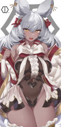 Rule 34 | 1girl, animal ears, bad id, bad twitter id, bow, breasts, brown leotard, covered navel, dark-skinned female, dark skin, detached sleeves, frilled thighhighs, frills, granblue fantasy, grey hair, hair bow, highleg, highleg leotard, highres, large breasts, leotard, long hair, looking at viewer, makura (granblue fantasy), open mouth, rabbit ears, rabbit girl, red bow, smile, solo, thighhighs, thighs, yaman, yellow eyes