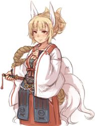 Rule 34 | 1girl, 7010, animal ears, blonde hair, blush, breasts, cleavage, collarbone, fox ears, fox tail, hand on own chest, holding, multiple tails, original, red eyes, sketch, smile, solo, sword, tail, weapon, white background