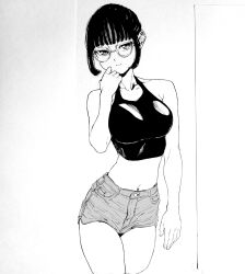 Rule 34 | 1girl, arm up, bad id, bad pixiv id, black hair, black tank top, crop top, dende (dndn222), glasses, greyscale, highres, looking at viewer, medium bangs, monochrome, navel, original, scan, scan artifacts, shorts, solo, standing, stomach, tank top, traditional media
