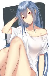 Rule 34 | 1girl, arm at side, arm support, bare legs, bare shoulders, blue hair, breasts, cleavage, closed mouth, collarbone, groin, hair between eyes, hand on own head, hand up, highres, knees up, large breasts, long hair, looking at viewer, off shoulder, onineko-chan, original, red eyes, shirt, short sleeves, solo, t-shirt, upper body, white shirt