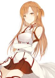 Rule 34 | 10s, 1girl, armor, asuna (sao), braid, breastplate, breasts, brown eyes, brown hair, crossed arms, dress, half updo, long hair, long sleeves, looking at viewer, lpip, medium breasts, open mouth, pleated skirt, red skirt, simple background, sitting, skirt, smile, solo, sword art online, white background, white dress