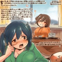 Rule 34 | 10s, 2girls, admiral (kancolle), animal, blue hair, blush, breasts, brown eyes, brown hair, commentary request, curtains, dated, food, fruit, grin, hamster, hiryuu (kancolle), japanese clothes, kantai collection, kirisawa juuzou, kotatsu, large breasts, mandarin orange, multiple girls, non-human admiral (kancolle), short hair, side ponytail, smile, souryuu (kancolle), sweat, table, traditional media, translation request, twintails, twitter username, window