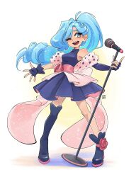 Rule 34 | 1girl, ahoge, bare shoulders, blue dress, blue eyes, blue footwear, blue gloves, blue hair, blue skirt, boots, breasts, commentary, commission, dress, english commentary, eyelashes, fingerless gloves, full body, gloves, highres, holding, holding microphone stand, knee boots, long hair, medium breasts, microphone, microphone stand, one eye closed, open mouth, original, pleated skirt, seatha, single knee boot, skirt, sleeveless, sleeveless dress, solo, teeth, upper teeth only, white background
