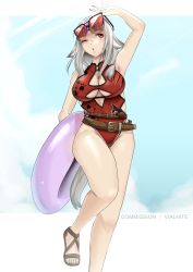 Rule 34 | 1girl, alternate costume, animal ears, belt, breasts, cleavage, fire emblem, fire emblem fates, grey hair, highres, multicolored hair, nintendo, one eye closed, purple hair, sandals, streaked hair, sunglasses, swimsuit, tail, velouria (fire emblem), vialnite, wolf ears, wolf girl, wolf tail
