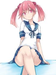 Rule 34 | 10s, 1girl, arm support, bad id, bad pixiv id, crossed legs, hair bobbles, hair ornament, kantai collection, looking at viewer, pink eyes, pink hair, sazanami (kancolle), school uniform, serafuku, short hair, short sleeves, simple background, sitting, solo, tokoi, twintails