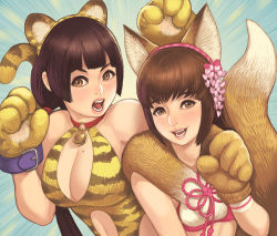 Rule 34 | 2girls, animal ears, animal hands, animal print, bad id, bad pixiv id, bell, black hair, breasts, choker, cleavage, cleavage cutout, clothing cutout, emphasis lines, fox ears, fox tail, fur collar, gloves, ii naotora, ii naotora (sengoku musou), kemonomimi mode, large breasts, leotard, lips, long hair, maou alba, mole, mole on breast, multiple girls, navel cutout, neck bell, nose, o-ring, o-ring top, oichi (sengoku musou), open mouth, paw gloves, paw pose, sengoku musou, sengoku taisen, short hair, tail, tiger ears, tiger print, tiger tail