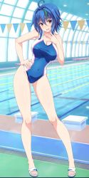 Rule 34 | 1girl, absurdres, blue hair, breasts, brown eyes, cleavage, competition swimsuit, covered navel, female focus, full body, green hair, hand on own hip, high school dxd, highres, large breasts, looking at viewer, medium hair, multicolored hair, one-piece swimsuit, open mouth, pool, sandals, short hair, smile, standing, streaked hair, swimsuit, toeless footwear, xenovia quarta