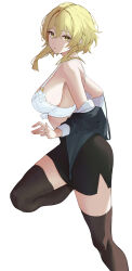 Rule 34 | 1girl, absurdres, alternate costume, bare shoulders, black skirt, black thighhighs, blonde hair, bra, breasts, commentary request, foot out of frame, from side, genshin impact, highres, katagirinanoka, large breasts, long sleeves, looking at viewer, looking to the side, lumine (genshin impact), medium hair, off shoulder, simple background, skirt, solo, thighhighs, underwear, white background, white bra, yellow eyes