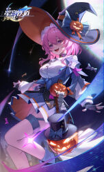 Rule 34 | 1girl, absurdres, black gloves, blue eyes, blue jacket, blue skirt, breasts, chinese commentary, commentary request, copyright name, fang, feet out of frame, fingerless gloves, gloves, hat, highres, honkai: star rail, honkai (series), jack-o&#039;-lantern, jacket, large breasts, long hair, long sleeves, march 7th (honkai: star rail), march 7th (preservation) (honkai: star rail), night, night sky, open mouth, pink hair, shirt, shooting star, skirt, sky, solo, teeth, white shirt, witch hat, xiancaijiguzhou