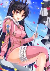 Rule 34 | 1girl, ass, bad id, bad pixiv id, black hair, blush, checkered flag, crossed legs, earrings, fate/grand order, fate (series), flag, highres, holding, holding flag, hoshimaemi, ishtar (fate), jewelry, long hair, looking at viewer, open mouth, panties, pink thighhighs, red eyes, sitting, smile, solo, thighhighs, tohsaka rin, underwear, white panties