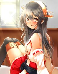 Rule 34 | 10s, 1girl, arm support, bad id, bad nicoseiga id, bare shoulders, bed, bed sheet, black hair, boots, breasts, brown eyes, detached sleeves, hair between eyes, hair ornament, hairband, hairclip, haruna (kancolle), highres, indoors, japanese clothes, kantai collection, long hair, looking at viewer, miniskirt, nontraditional miko, sideboob, sitting, skirt, small breasts, smile, solo, thigh boots, thighhighs, tsukui kachou
