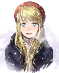 Rule 34 | 1girl, :d, blonde hair, blue eyes, breath, coat, fullmetal alchemist, hat, long hair, looking at viewer, open mouth, riru, simple background, smile, snow, snowflakes, solo, solo focus, white background, winry rockbell, winter clothes