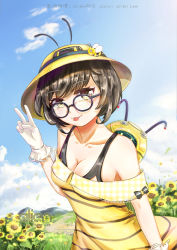 Rule 34 | 1girl, absurdres, adapted costume, alien (15307703), artist name, bee costume, bee hat ornament, beekeeper mei, black-framed eyewear, black bra, blue sky, bra, bra strap, breasts, brown eyes, brown hair, casual, cleavage, cloud, cloudy sky, collarbone, day, dress, drone, flower, glasses, gloves, hat, hat ornament, highres, horizontal-striped dress, lace, lace-trimmed dress, lace trim, light smile, looking at viewer, medium breasts, mei (overwatch), official alternate costume, outdoors, overwatch, overwatch 1, path, pixiv username, road, robot, short hair, sky, sleeveless, sleeveless dress, snowball (overwatch), solo, striped clothes, striped dress, sun hat, tongue, tongue out, underwear, upper body, v, white gloves, yellow dress