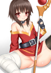 Rule 34 | 1girl, bandaged leg, bandages, bare shoulders, belt, belt collar, black gloves, black thighhighs, blush, breasts, brown hair, closed mouth, collar, fingerless gloves, gloves, gradient background, grey background, holding, holding staff, kono subarashii sekai ni shukufuku wo!, looking at viewer, megumin, nipples, no headwear, pussy, red eyes, short hair, single thighhigh, sitting, small breasts, solo, spread legs, staff, thighhighs, toshishikisai, white background