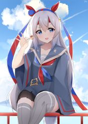 Rule 34 | 1girl, absurdres, animal ears, black skirt, blue eyes, blue shirt, blue sky, breasts, collarbone, eyes visible through hair, feet out of frame, food, grey hair, grey thighhighs, hairband, highres, holding, holding food, horse ears, horse girl, light blush, long hair, looking at viewer, open mouth, red hairband, shirt, simple background, sitting, skirt, sky, small breasts, solo, tamamo cross (umamusume), thighhighs, umamusume, very long hair, wide sleeves, yanwulazy