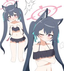 Rule 34 | 1girl, absurdres, animal ears, bare arms, bare legs, bare shoulders, bikini, black hair, blue archive, cat ears, frilled bikini, frills, hagoonha, highres, long hair, official alternate costume, red eyes, serika (blue archive), serika (swimsuit) (blue archive), swimsuit, twintails, white background