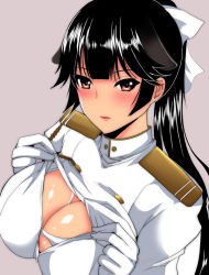 Rule 34 | 1girl, aiguillette, azur lane, black hair, blunt bangs, blush, bow, breasts, brown background, cleavage, clothes lift, hair bow, hato ya, large breasts, lifted by self, lips, long hair, long sleeves, looking at viewer, military, military uniform, parted lips, ponytail, red eyes, shiny skin, simple background, smile, solo, takao (azur lane), tsurime, uniform, upper body, white bow