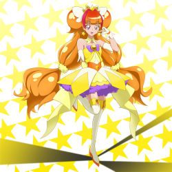 Rule 34 | 1girl, acchi (koiyimknp), amanogawa kirara, boots, brown hair, cure twinkle, earrings, gloves, go! princess precure, highres, jewelry, long hair, looking at viewer, magical girl, multicolored hair, petticoat, precure, purple eyes, red hair, solo, standing, standing on one leg, star (symbol), star earrings, starry background, thigh boots, thighhighs, twintails, two-tone hair, v, white gloves, white thighhighs