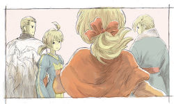 Rule 34 | 1girl, 3boys, ahoge, alma beoulve, bad id, bad pixiv id, beard, black border, blonde hair, border, bow, brother and sister, brothers, cape, close-up, dycedarg beoulve, emblem, facial hair, final fantasy, final fantasy tactics, hair bow, long hair, looking back, multiple boys, pink background, ponytail, ramza beoulve, red bow, sayonaraby, short hair, siblings, simple background, smile, upper body, zalbaag beoulve