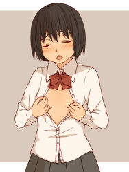 Rule 34 | 1girl, bad id, bad pixiv id, black hair, blush, bow, closed eyes, kiiroi tamago, open clothes, open mouth, open shirt, shirt, short hair, simple background, skirt, solo