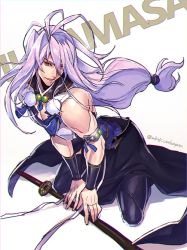 Rule 34 | 10s, 1boy, antenna hair, character name, hayasu, japanese clothes, kneeling, light purple hair, long hair, looking at viewer, low-tied long hair, male focus, parted lips, pelvic curtain, pom pom (clothes), sengo muramasa (touken ranbu), simple background, smile, solo, sword, tabi, thighhighs, touken ranbu, very long hair, weapon, white background, yellow eyes