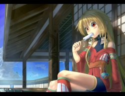 Rule 34 | 1girl, architecture, bare shoulders, bike shorts, blonde hair, blush, cloud, collar, day, east asian architecture, food, letterboxed, long hair, mossari poteto, mouth hold, original, popsicle, porch, red eyes, sitting, sky, solo, veranda
