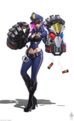 Rule 34 | 1girl, alternate costume, ammunition, arm cannon, belt, blue eyes, boots, breast tattoo, breasts, cigar, cleavage, concept art, cuffs, detached collar, eyeliner, full body, gauntlets, hair over one eye, handcuffs, hat, high heel boots, high heels, highres, knee boots, large breasts, league of legends, makeup, midriff, necktie, officer vi, official art, oversized forearms, oversized limbs, pants, peaked cap, pink hair, police, police uniform, policewoman, shell casing, short hair, shotgun shell, smoking, solo, standing, tattoo, thigh boots, thighhighs, uniform, vi (league of legends), weapon, wrist gun, zeronis