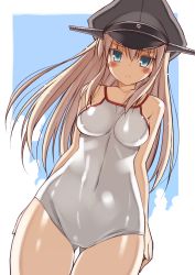 Rule 34 | 10s, 1girl, bismarck (kancolle), blonde hair, blue eyes, blue sky, blush, breasts, cloud, covered navel, day, frown, hat, highres, kantai collection, long hair, looking at viewer, navel, ohta yuichi, one-piece swimsuit, outdoors, peaked cap, sky, solo, swimsuit, thigh gap, very long hair, white one-piece swimsuit