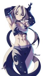 Rule 34 | 1girl, abs, absurdres, arms up, blue eyes, blue hair, breasts, choker, dated, eien project, elbow gloves, gloves, hair intakes, highres, kurayami kilia, medium breasts, multicolored hair, muscular, muscular female, navel, short hair, signature, star (symbol), star print, stomach, tail, two-tone hair, virtual youtuber, white background, white hair, zhvo