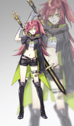 Rule 34 | 1girl, asymmetrical sleeves, belt, black choker, black footwear, black jacket, boots, choker, contrapposto, cross-laced footwear, dagger, dual wielding, green eyes, grey background, highres, holding, holding dagger, holding knife, holding sword, holding weapon, jacket, kangetsu (fhalei), knee boots, knife, lace-up boots, legs apart, long sleeves, looking at viewer, o-ring, one side up, original, red hair, reverse grip, short shorts, shorts, smile, solo, standing, sword, uneven sleeves, weapon, weapon on back, zoom layer