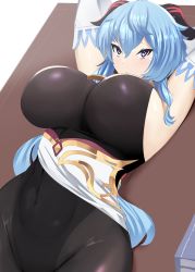 Rule 34 | 1girl, black bodysuit, blue hair, blush, bodysuit, breasts, chestnut mouth, dot nose, elbow gloves, female focus, ganyu (genshin impact), genshin impact, gloves, hair between eyes, highres, horns, large breasts, looking at viewer, lying, navel, on table, purple eyes, sana!rpg, sideboob, solo, table, white background