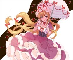 Rule 34 | 1girl, blonde hair, blush, bow, breasts, claw pose, cleavage, corset, detached collar, dress, fang, floating hair, gap (touhou), gloves, hair between eyes, hair bow, hand up, hat, hat ribbon, highres, holding, holding umbrella, long hair, looking at viewer, mob cap, open mouth, puffy short sleeves, puffy sleeves, purple dress, purple eyes, red eyes, ribbon, ribbon trim, short sleeves, sidelocks, simple background, sketch, smile, solo, teffish, touhou, umbrella, very long hair, white background, white gloves, yakumo yukari
