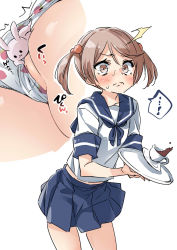 Rule 34 | 1girl, ass, between buttocks, blue skirt, blush, closed mouth, coffee, coffee cup, cowboy shot, cup, disposable cup, ebifurya, food print, hair bobbles, hair ornament, highres, holding, holding tray, kantai collection, looking at viewer, multiple views, panties, panty pull, pink eyes, pink hair, pleated skirt, print panties, pulling another&#039;s clothes, pussy, pussy peek, rabbit, sazanami (kancolle), school uniform, serafuku, short hair, short sleeves, short twintails, simple background, skirt, strawberry panties, strawberry print, sweat, tray, trembling, twintails, twitter username, underwear, white background