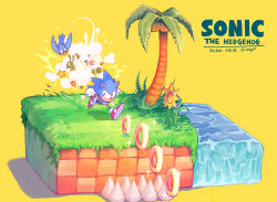 Rule 34 | 1boy, aimf, bird, coconut, coconut tree, copyright name, dated, flicky (character), flower, furry, furry male, grass, green hill zone, leaf, palm tree, ring (sonic), running, shadow, signature, sonic (series), sonic the hedgehog, sonic the hedgehog (classic), sparkle, spikes, star (symbol), tree, twitter username, water, yellow background, yellow flower