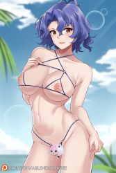 Rule 34 | 1girl, antenna hair, aslindsamure, blue hair, blue sky, blurry, blush, bra, braid, breasts, brown eyes, censored, character censor, character doll, cloud, collarbone, contrapposto, cowboy shot, crotchless, crotchless bikini, crotchless panties, cupless bikini, cupless bra, day, depth of field, functionally nude, hair between eyes, hand on own chest, haunted astolfo bean plush, highres, hip focus, idolmaster, idolmaster million live!, large breasts, lens flare, looking at viewer, navel, nipples, novelty censor, o-ring, outdoors, panties, parted lips, pink hair, short hair, side braid, sky, smile, solo, standing, thighs, toyokawa fuka, underwear, wavy hair, yellow eyes