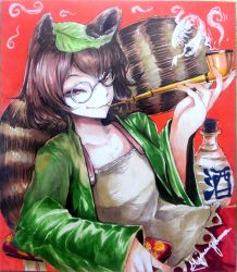 Rule 34 | 1girl, animal ears, bottle, brown hair, camisole, closed mouth, commentary request, futatsuiwa mamizou, glasses, green jacket, jacket, jonasan (bad-t), kiseru, leaf, leaf on head, looking at viewer, open clothes, open jacket, pince-nez, raccoon ears, raccoon girl, raccoon tail, red background, red skirt, round eyewear, sake bottle, shikishi, short hair, signature, skirt, smile, smoke, smoking, smoking pipe, solo, tail, tanuki, touhou, traditional media, upper body, yellow camisole