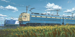Rule 34 | blue sky, chinese text, cloud, cloudy sky, grass, highres, no humans, painting (medium), power lines, railroad tracks, scenery, shouhui lang qun, signature, sky, summer, traditional media, train, utility pole, vehicle focus