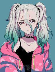 1girl 4uguu artist_name bad_id bad_twitter_id black_choker black_shirt breasts choker collarbone dr._stone facial_mark forehead_mark genderswap genderswap_(mtf) gradient_hair green_background green_hair hair_between_eyes hair_ornament hair_over_shoulder hair_scrunchie highres ishigami_senkuu jacket looking_at_viewer multicolored_hair pink_jacket print_jacket red_eyes scrunchie shirt simple_background small_breasts solo solo_focus space_print starry_sky_print twintails two-tone_hair white_hair