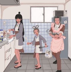 Rule 34 | 23011620x, 2girls, ace attorney, apron, black footwear, black hair, black vest, blue badger, blunt bangs, blush, brown hair, closed mouth, collared shirt, cooking, counter, formal, full body, grey hair, hair intakes, hair ornament, hair rings, half updo, hanten (clothes), highres, holding, holding spatula, indoors, jacket, japanese clothes, jewelry, kimono, kitchen, long hair, long sleeves, magatama, magatama necklace, maya fey, microwave, miles edgeworth, milk carton, mixer (cooking), multiple girls, necklace, obi, open mouth, pants, paper, pearl fey, purple jacket, red jacket, red pants, red suit, refrigerator, sash, shirt, shoes, short hair, short kimono, sidelocks, smile, spatula, standing, suit, tile floor, tile wall, tiles, valentine, vest, white kimono, white shirt, window