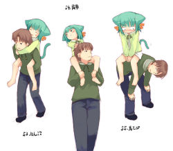 Rule 34 | 1boy, 1girl, animal ears, barefoot, carrying, cat ears, cat girl - numbered actions (kito), cat tail, feet, kito (sorahate), original, piggyback, shoulder carry, tail, translated