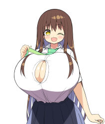 Rule 34 | 1girl, breasts, brown hair, cleavage, gigantic breasts, long hair, necktie, one eye closed, open mouth, pleated skirt, school uniform, shiny skin, shuz (dodidu), simple background, skirt, smile, solo, tagme, white background, wink, yellow eyes