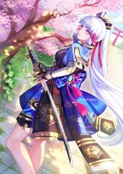 Rule 34 | 1girl, arm guards, armor, armored dress, artist name, ayaka (genshin impact), black gloves, blue capelet, blue dress, blue hair, blunt bangs, breastplate, breasts, capelet, cherry tree, closed mouth, dou, dress, flower knot, genshin impact, gloves, hair ornament, hair ribbon, holding, holding sword, holding weapon, japanese armor, katana, kusazuri, light blue hair, long hair, looking at viewer, mole, mole under eye, outdoors, partially fingerless gloves, ponytail, ribbon, sigriddis, solo, stairs, sword, torii, tress ribbon, weapon