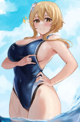 Rule 34 | 1girl, alternate breast size, armpits, blonde hair, blue one-piece swimsuit, breasts, clothes pull, competition school swimsuit, covered navel, flower, from side, furizuu20, genshin impact, hair between eyes, hair flower, hair ornament, hand on own hip, highres, large breasts, looking at viewer, lumine (genshin impact), one-piece swimsuit, one-piece swimsuit pull, parted bangs, partially submerged, pulled by self, school swimsuit, short hair with long locks, sideboob, sky, smile, solo, sparkle, swimsuit, teasing, thick thighs, thighs, wading, wet, wet clothes, wet swimsuit, wide hips, yellow eyes