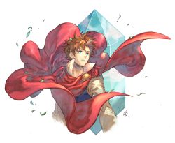 Rule 34 | 1boy, blue cape, blue eyes, blue tunic, brown hair, bartz klauser, cape, crystal, final fantasy, final fantasy v, grass, hashibi rokou, looking afar, male focus, open mouth, signature, simple background, solo, white background, wind, wind lift