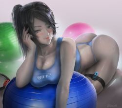 Rule 34 | ass, ball, black hair, blue shirt, blush, breasts, butt crack, cleavage, colored skin, crop top, exercise ball, grey eyes, nintendo, oscuroii, shirt, smile, smug, source request, thong, white background, wii fit, wii fit trainer, wii fit trainer (female)