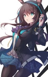 Rule 34 | 1girl, amiya (arknights), animal ears, arknights, ascot, black jacket, black pantyhose, blue eyes, blue skirt, breasts, brown hair, commentary, cowboy shot, hair between eyes, highres, hood, hood up, hooded jacket, jacket, jewelry, long hair, looking at viewer, miniskirt, multiple rings, open clothes, open jacket, open mouth, pantyhose, plaid, plaid skirt, pleated skirt, purple ascot, rabbit ears, rabbit girl, ring, sidelocks, skirt, small breasts, solo, stratoz, sweater, very long hair, white background, white sweater