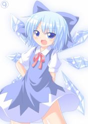 Rule 34 | circled 9, 1girl, arms behind back, blue dress, blue eyes, blue hair, bow, cirno, dress, hair bow, kagerou (kers), kers, matching hair/eyes, open mouth, short hair, smile, solo, touhou, wings