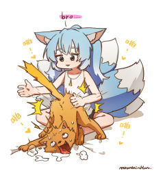 Rule 34 | 1girl, ^^^, ah zhong (mountain han), ahegao, animal ears, bare arms, bed sheet, black eyes, blue hair, cat, chinese text, fox ears, fox tail, heart, highres, indian style, mountain han, multiple tails, original, parody, parted lips, rolling eyes, saliva, sheet grab, shirt, signature, simple background, sitting, solo, spanking, tail, tongue, tongue out, top-down bottom-up, translation request, white background, white shirt